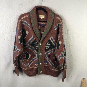 Vintage Twickers Cardigan Sweater Men L Brown Shawl Collar Aztec Wool Concho